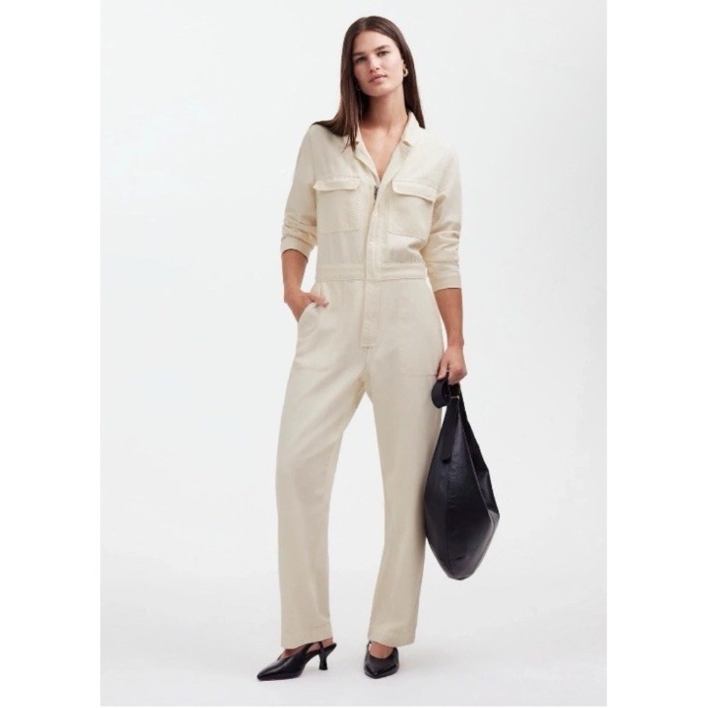 Madewell Women Denim Pleated Barrel Leg Utility Jumpsuit Ivory Romper Sz.16 NWT